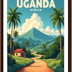 Op de afbeelding: Een ingelijste reisposter voor Oeganda, Afrika. De afbeelding toont een schilderachtig landschap met een kronkelende weg, palmbomen, een klein huis en bergen onder een blauwe lucht. Het woord "UGANDA" staat bovenaan.