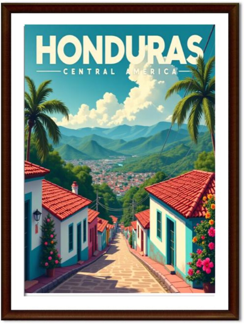May include: A framed travel poster for Honduras, Central America. The artwork depicts a vibrant street scene with colorful buildings, red tile roofs, and a winding cobblestone road leading to a distant city. Palm trees and mountains frame the view.