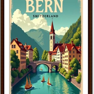 May include: A framed vintage travel poster for Bern, Switzerland. The artwork depicts a canal with sailboats, a stone bridge, and buildings with red-tiled roofs. The poster features the word "BERN" in large letters above "SWITZERLAND". The color palette includes blues, greens, and yellows.