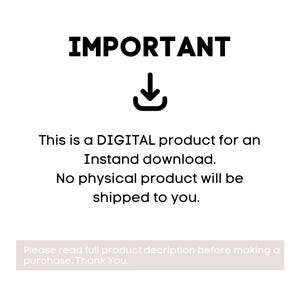 May include: White background with the word "IMPORTANT" in bold black letters above a downward-pointing arrow and a download icon. Text below states this is a digital product for instant download, with no physical product shipped.