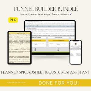 Puede incluir: Un paquete de marketing digital con el texto "FUNNEL BUILDER BUNDLE" y "Your AI-Powered Lead Magnet Creator Sidekick". La imagen incluye una computadora portátil, una tableta y un teléfono inteligente que muestran contenido de marketing. El texto "DONE FOR YOU!" también es visible.