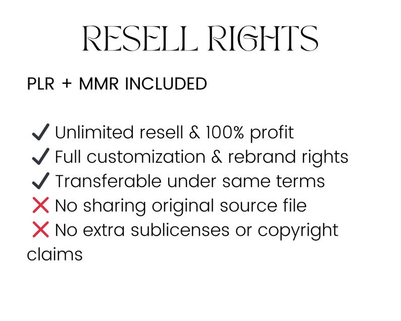 May include: White background with the text "RESELL RIGHTS" in a decorative font. Below, it states "PLR + MMR INCLUDED." Bullet points detail benefits: unlimited resell, 100% profit, full customization, and transferable rights. Negative points include no sharing of the original file and no extra sublicenses.