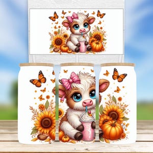 Highland Cow Glass Wrap PNG, Baby Cow Sunflower Design, 16oz Fall Can Tumbler Sublimation, Floral PNG Digital Download