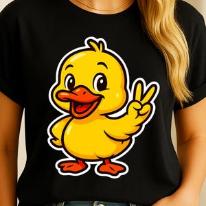 May include: Black t-shirt featuring a cartoon duck with yellow feathers, a red beak, and orange feet. The duck is giving a peace sign with its right hand. The design is outlined in white.