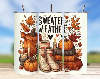 Fall Tumbler PNG: Sweater Weather, Autumn Leaves Sublimation Design (Digital Download)