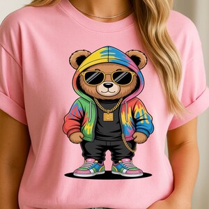 Colorful Graffiti Teddy Bear PNG | Streetwear Hip Hop Bear Art | Neon Paint Splashes | Cool Urban Fashion Design for Sublimation Crafts PNG