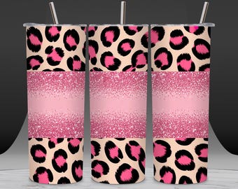 Pink Leopard Glitter 20oz Tumbler Wrap, Seamless Animal Print (PNG Digital Download)