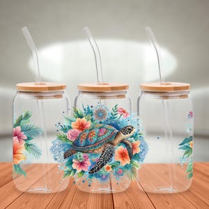 Sea Turtle Glass Can, Beach Animal PNG, 16oz Frosted Cup Wrap, Summer Sublimation Design,  Drinkware Digital Download