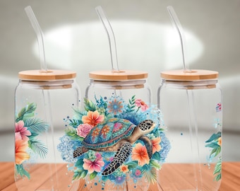 Sea Turtle Glass Can Wrap: Beach Animal Sublimation Design (Digital Download