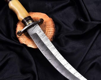 Hand-Forged Damascus Steel Scimitar Sword with Intricate Horn Handle and Sheath for Collectors