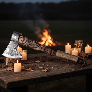 May include: A Viking-style axe with a silver blade and a wooden handle. The blade features intricate engraved designs. The handle is wrapped with twine and adorned with metal studs. The axe rests on a wooden surface with candles and a campfire in the background.
