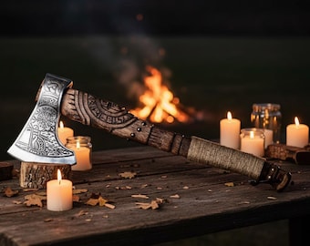 Hand Forged Viking Axe, Norse Vegvisir Engravings, Ash Wood Handle