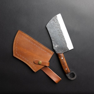Hand Forged Viking Cleaver Knife: Carbon Steel Butcher Blade with Leather Sheath