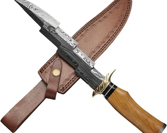 Damascus Steel Bowie Knife: Handmade Walnut Handle Hunting Knife with Sheath