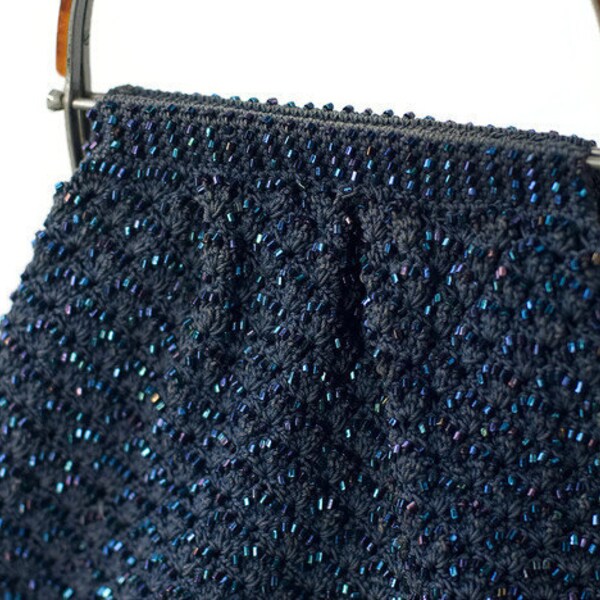 Vintage Navy Blue Beaded Purse With Lucite Handle