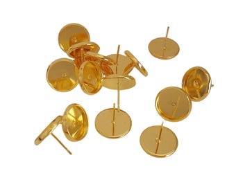 Earring Cabochon Settings, 12mm Cabochon Tray, Earr Post, Gold Plated Brass.