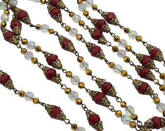 1 ft Ruby(8 x 6mm) and Clear(6mm) and Gold (4 x 4mm) Crystal Rosary Chain with Antiqued Brass Wire.