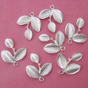 10pcs-Branch Leaf Charm Pendant Connector Sterling Silver Plated. image 2