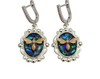 Handmade  Bee Earrings Blue Green Enamel Silver Drop Earrings CZ Leverback Hooks.