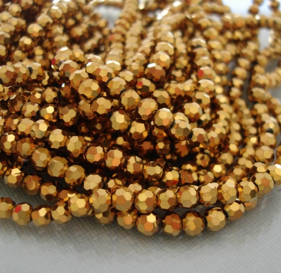 Glass Beads Faceted Round Gold Golden Plated