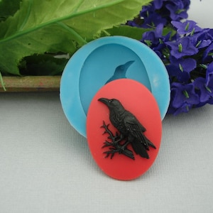 May include: A black raven perched on a branch, set against a red oval. The raven is a detailed, three-dimensional design. The red oval is set inside a light blue, circular mold, suggesting a crafting or jewelry-making theme.