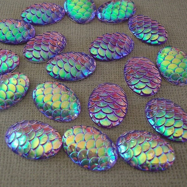 20- Oval Resin Cabochons, Mermaid Fish Scale , Rainbow Iridescent Purple, Faux, 18x13mm.