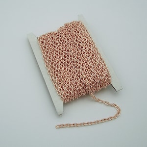 May include: A spool of rose gold chain, wound around a white card, with a small length of chain extending from the spool.