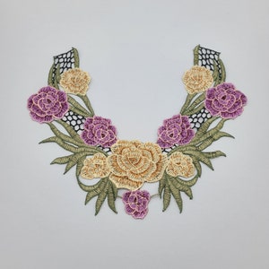 Purple and Brown Rose Flowers Collar Craft Floral Embroidered Applique Trim Decorated Lace Neckline.
