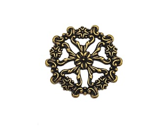 2- Antique Brass Floral Filigree Round Pendant, Vintage Style Ornate Medallion Jewelry Finding for Necklaces, Earrings and Craft Projects.