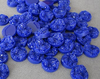 Druzy Resin Cabochons, Flat Round, Blue Color.