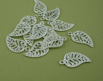 20pcs- Leaf Charm Filigree Silver Plated Double Side.