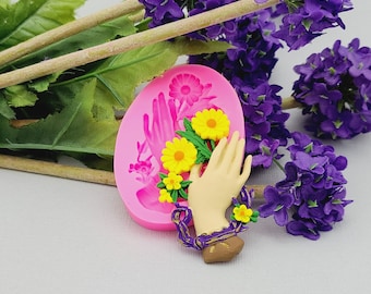 Hand with Flowers Silicon Mold  Flexible Silicone Mould for Crafts, Jewelry, Resin, Scrapbooking, Polymer Clay.