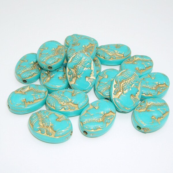 20pcs-Oval Acrylic Beads with a Woman Face Turquoise Color Golden Enlaced .