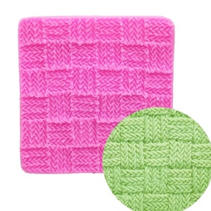 May include: Pink silicone mould with a raised textured pattern resembling a woven knit fabric. A close-up of the texture is shown in green.