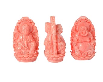 Synthetic Pink Coral Buddha Bead – Double-Sided Carved Pendant for Jewelry Making