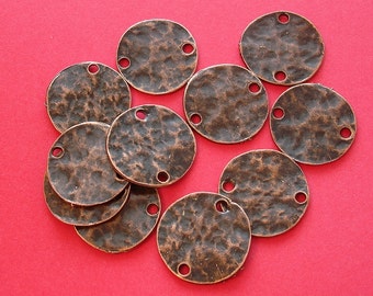 10pcs- Antique Copper Plated   Color Hammered Round  Disk Connector 20mm Two Holes.
