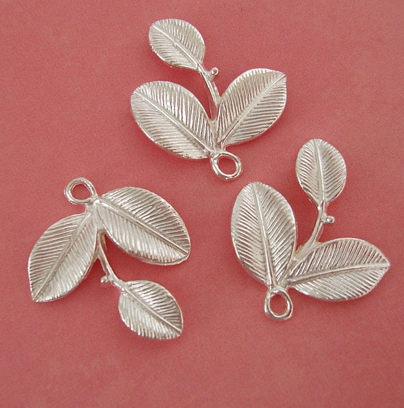 10pcs-Branch Leaf Charm Pendant Connector Sterling Silver Plated. image 4