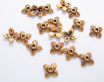 50-Antiqued Gold Four Petals Flower Bead Cap 6x7mm.