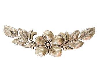 Large Flower Branch Leaf Embellishment Ox Silver Brass Stamping Pendant .(1 Pc)