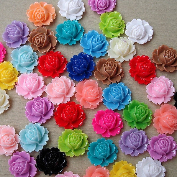 12pcs-Rose Flower Cabochon, Mix Color, Resin, 18x16mm.