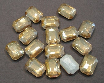 2pcs- Vintage Faceted Glass Foiled Back Jewels Gold Peach Octagon Rectangle 14x10mm