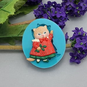 Kitty Cat with Mistletoe Silicone Mold    Jewelry Making Resin Polymer Clay.