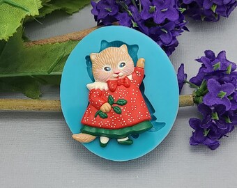 Kitty Cat with Mistletoe Silicone Mold    Jewelry Making Resin Polymer Clay.