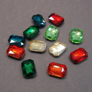 2pcs Vintage Faceted Glass Foiled Back Jewels Peridot Octagon Rectangle 14x10mm image 2