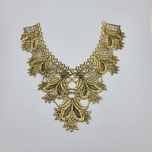 Golden Collar Craft Floral Embroidered Applique Trim Decorated Lace Neckline.