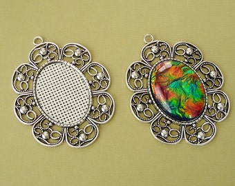 2pcs- Antique Silver Filigree  Pendant Cabochon Settings.