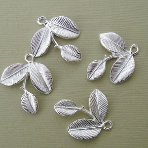 10pcs-Branch Leaf Charm Pendant Connector Sterling Silver Plated. image 1