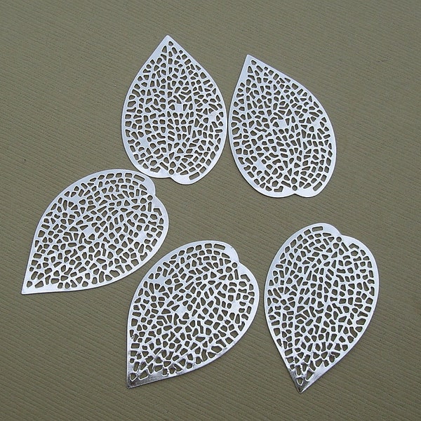 Silver Plated Brass Filigree Leaf Pendant Drop Connector Jewelry Findings- 10pcs.