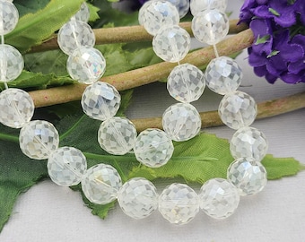 12mm Clear AB Faceted Round Crystal Glass Beads – Rainbow Shimmer Beads for Jewelry Making and DIY Crafts