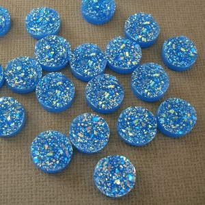 20pcs-Druzy Resin Cabochons, Flat Round, Blue AB 12mm.